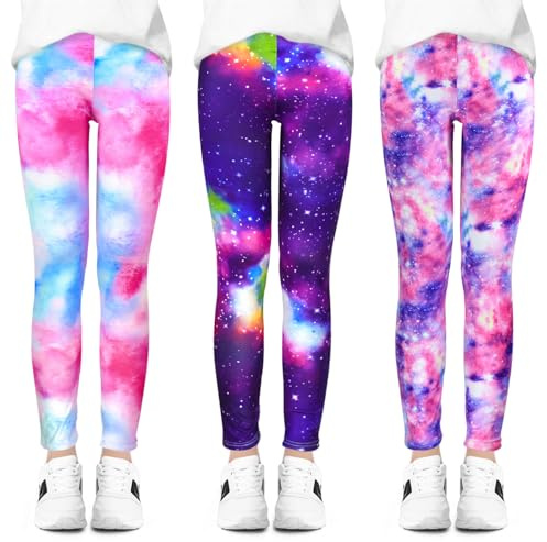 BondEron Lot de 3 leggings pour fille - Pantalon de sport coloré avec motif galaxie et étoiles - Pantalon de loisirs opaque et élastique pour le quotidien, l'école et le sport - Taille 104-158, Starry