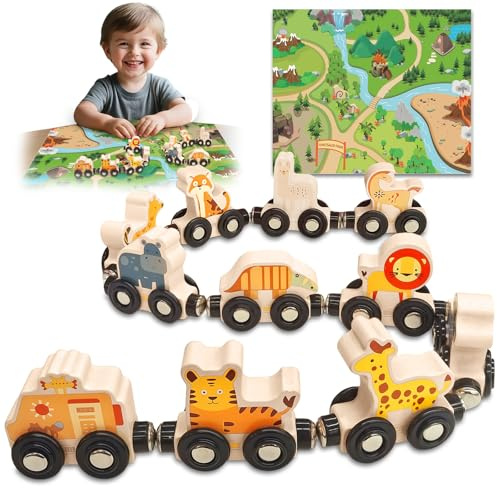 AMFUN Tren Magnetico Juguete, Tren Juguete, Madera Magnét, Trenes Madera Juguetes, Regalo de Juguetes Montessori para niños y niñas, para Pascua, Cumpleaños y Navidad