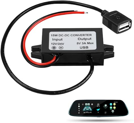 Lueden DC-DC Converter 12V/24V to USB 5V 3A Adapter DC-DC Step Down Adapter Buck Voltage Module Regulator Cable Wires Output Power Converter for Car Audio Monitor Radio LED Display Fan LCD TV