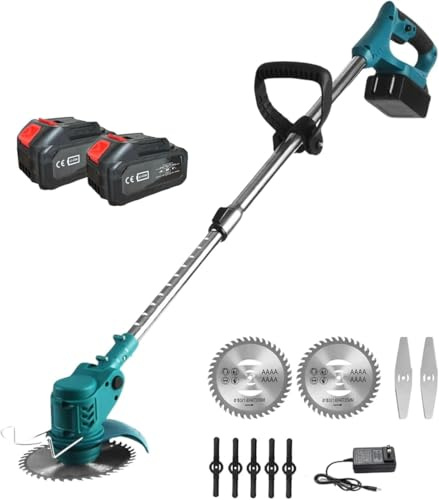 Decespugliatore Elettrico con Doppia Batteria, Tagliabordi Ricaricabile Altezza e Angolazione Regolabili, 3 Tipi di Lame per Giardini, Prati e Terreni