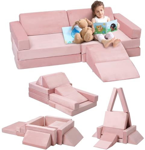 Garvee Canapé de Jeu Évolutif pour Enfants 12 Pièces, Piscine à Balles Carrée et Toboggan, Meuble en Mousse pour Construire des Cabanes, Jeu Créatif, Motricité, Salle de Jeux, Rose