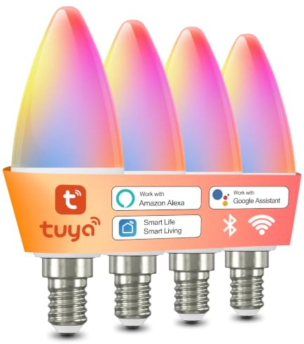 Smart Glühbirne E14, WLAN LED Lampe Werke mit Tuya or Smart Life APP, Kompatibel mit Alexa und Google Assistant, RGBCW+WW Smart E14 Glühbirne 450LM, 16 Millionen DIY-Farben 2700K-6500K, 4 Stück