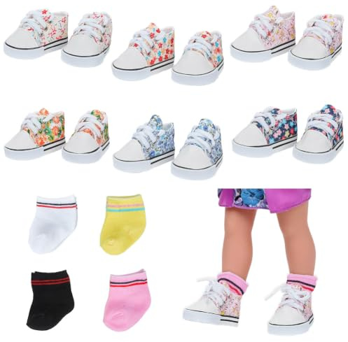 NBEADS Mini Floral Doll Shoes Sets with Socks, 6 Pairs Dolls Canvas Shoes with 4 Pairs of Socks for Dressing Up Dolls Shoe Outfits Replacement Stuff, Mixed Color