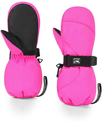 HIGHCAMP Kids Long Cuff Winter Gloves with Stay-on Strap Waterproof Mittens for Toddler Children Snow Ski,S (3-5 Y) Rosa