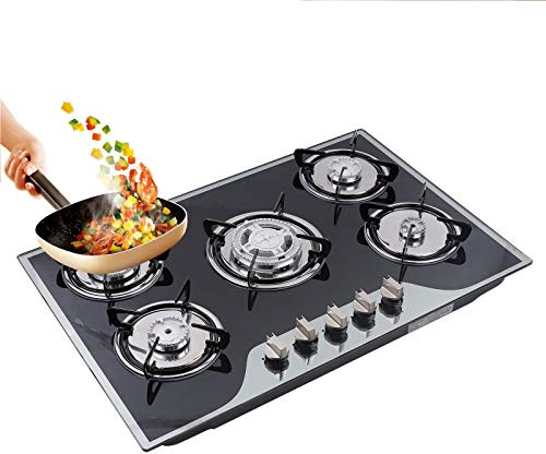 Built-in Gas Cooktop, 5 Burners Gas Stove with Tempered Glass Smooth Surface Automatic Pulse Ignition Countertop Stove Perfect for Kitchen, NG/LPG Convertible (30 Inch)