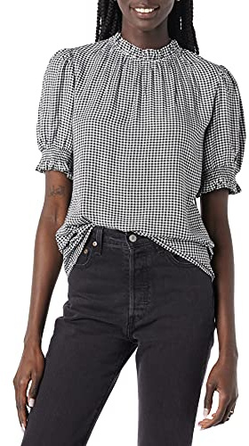 Amazon Essentials Blusa Chemisier Corta con Maniche A Sbuffo in Twill Fluido Donna, Nero Bianco Mini Percalle, M
