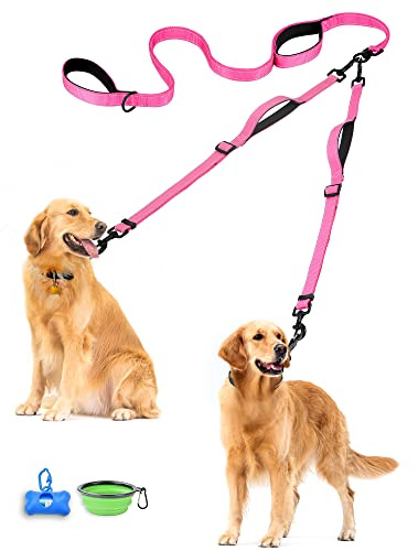 PetBonus dubbelhundkoppel, trasselfritt dubbelkoppel, reflekterande promenad- och träningskoppel, 4 bekväma vadderade handtag för 2 hundar med hopfällbar skål och bajspåsar (rosa, stor)