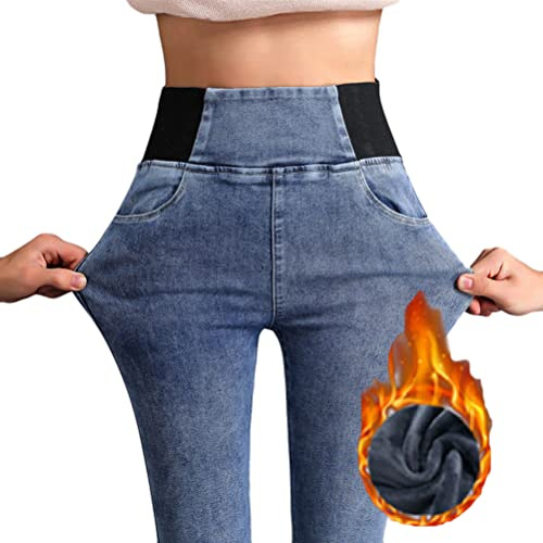 ORANDESIGNE Pantalon Femme Denim Jeans Slim Fit Taille Haute Stretch Jeans Pantalons Crayon Pants Vintage Pantalon Hiver Chaud Thermiques Jeans Polaire Skinny Epais Legging A Bleu B XS
