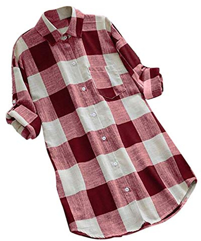 Långärmad damtröja i bomull, långärmad löst sittande skjorta för kvinnor, rutig skjortblus, vintage, lång blus, stora storlekar, rutig skjorta, rutig skjorta, blus med knapp, skjortjacka, sommar
