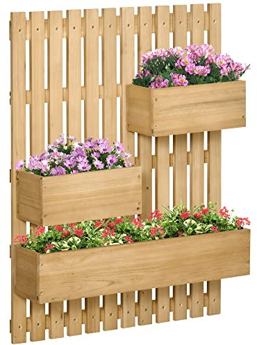 Outsunny Wall-mounted Wooden Garden Planters with Trellis, Drainage Holes and 3 Movable Planter Boxes, Wall Raised Garden Bed for Patio, Natural