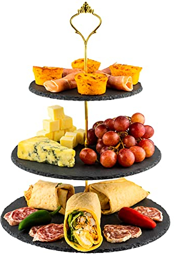 Nyxi 3 in 1 Cake Stand 100% Natural Slate Round Rough Edges Display with Gold Fittings, Can be Used as 3 Tier, 2 Tier & Single Tier Stand Based