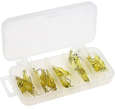 OriGlam 15 Pièces Leurre de Crevette en Plastique Souple, Appât Artificiel de Pêche, Crochet d'Appât, Leurres de Crevette Douce (Jaune)