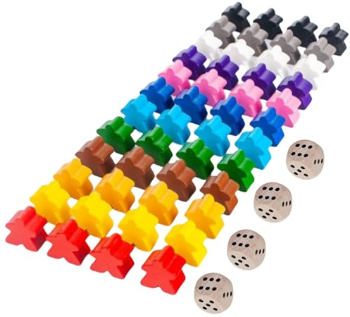 Spielfiguren aus Holz für Brettspiele, Bunte Spielfiguren, Holzpuppen Spielfiguren, 60 Stück Halmakegel aus Holz und 4 Stück Würfel aus Holz, Bunte Spielfiguren