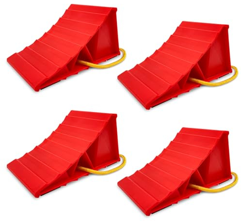 HOXWELL 2 Pair Wheel Chocks for Travel Trailers, Non Slip Heavy Duty Red Wheel Chock with Rope, Lightweight Wheel Stoppers for Cars Campers Trucks RVs, Easy to Carry & Suitable for Most Tyre Sizes