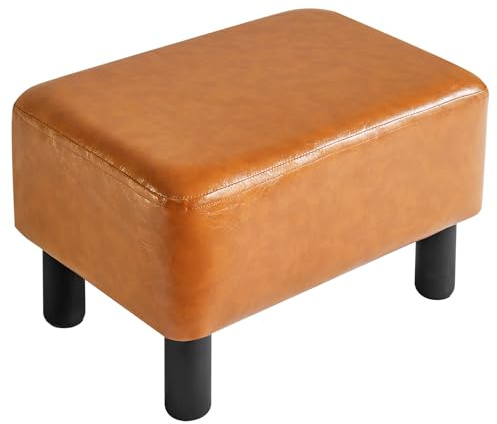 IBUYKE Petit repose-pieds de 42 cm, en simili cuir, repose-pieds moderne, pour salon, chambre, rectangulaire, avec assise rembourrée et pieds en bois de pin, orange, RF-BD217