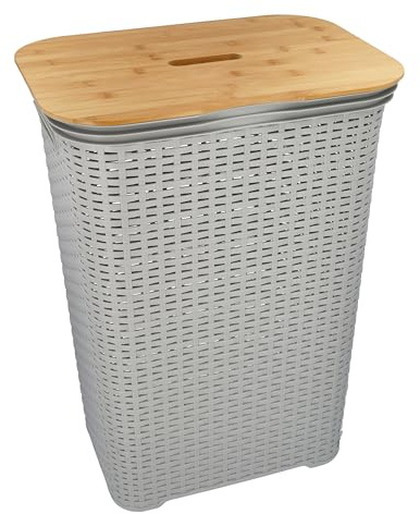 HRB Wäschekorb mit Deckel aus Bambus Rattan 65 Liter, Wäscheaufbewahrung aus Kunststoff, Wäsche Sortierer (Grau-Bambus)