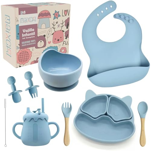 Stoviglie per bambini silicone | bavaglino + piatto ventosa con divisori + ciotola ventosa + 4 posate + tazze per l'apprendimento | Set pappa svezzamento completo | senza BPA | regalo per bambino