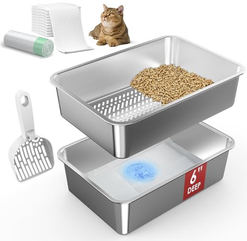 19.6''x13.7''x6'' Suzzipaws Stainless Steel Cat Litter Tray, Open Top Sifting Litter Box for Pine Pellets, Metal Litter Tray System with Pee Pads & Liners, Odor Control, Low Dust, Easy Cleaning