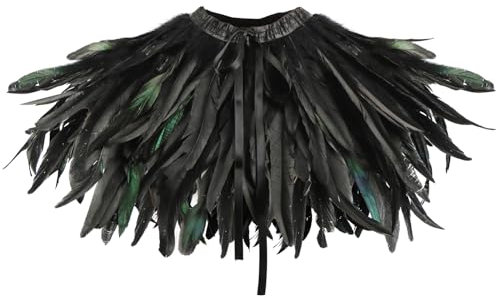 MorLuks Schwarz Gothic Federschal, Feder Cape, Federschal Umhang, Vogelkostüm für Halloween, Cosplay, Maskerade, Karneval, Fasching, Karneval