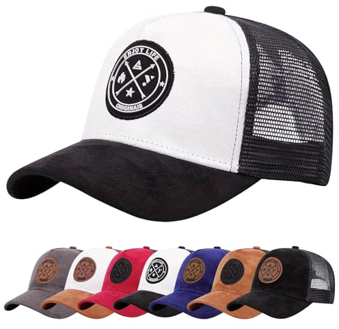 Enwokran Baseball Cap Mens Embroidery Hats Unisex Hip Hop Trucker Caps Adjustable Mesh Back UPF 50+ UV Protection Summer Sun Hat Sports Cap (Black White)