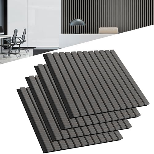 UISEBRT 4 Stück Akustikpaneele Set Wandverkleidung Wandpaneele aus Echtholz Furnier Akustikplatten Lamellenwand Holzpaneele Wand 3D Holzpaneele Akustikfilz 60 x 60 cm Anthrazit