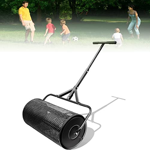 Esparcidor de abono, 27 x 12,5 pulgadas, esparcidor de estiércol para césped y jardín, mango largo ajustable, esparcidor de abono para césped, turba, musgo, fertilizante, canasta de malla metálica p