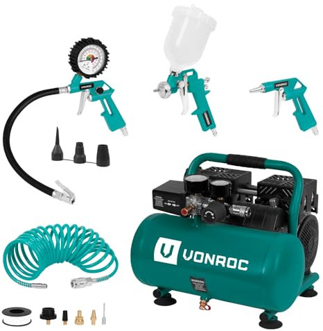 VONROC PRO Compresseur Silencieux 6L – 57,5 dB – 750W – Sans huile – Kit complet avec 4 outils pneumatiques : gonfleur, soufflette, pistolet à peinture, tuyau spiralé