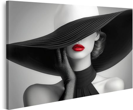 islandburner Cuadro sobre lienzo mujer con sombrero negro y labios rojos en blanco y negro cuadro cuadros cuadros murales póster