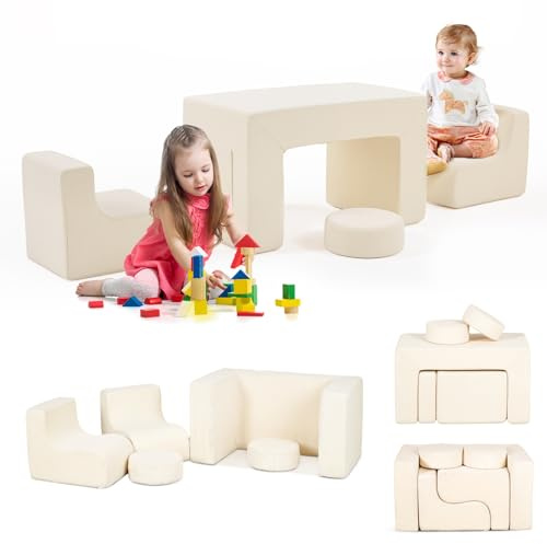 JOYMOR Modular Kids Play Couch, Corduroy Sectional Sofa for Children, Convertible Foam Couch Suitable for Boys and Girls, Beige