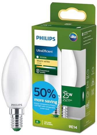 Philips LED UltraEfficient Frostad B35 ljuskälla, E14 sockel, energiklass A, 252 lm, 25W ekvivalent, varmvit (2700K), EyeComfort, 50 000 timmar, 1 förpackning