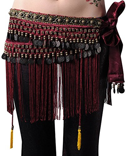 Wuchieal Bauchtanz Hüfttuch Bauchtänzerin Tribe Style Gürtel Quaste Hüfttuch Samt Taille Kostüm (Dunkelrot, One size)