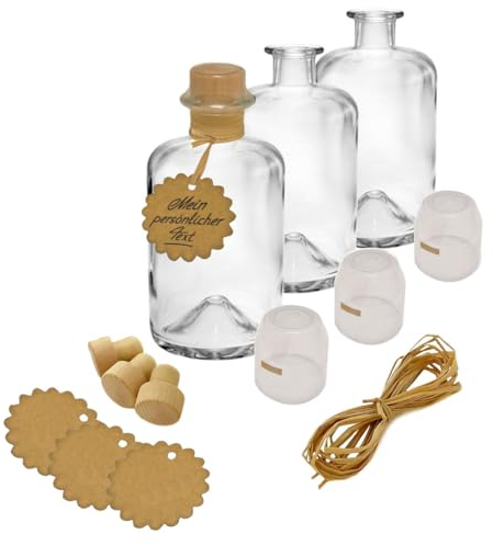 Geniess-Bar! 5x Apothekerflasche 200ml leer Geschenk Komplettset Apotheker Glas Flasche mit Anhänger Kapsel transparent Korken Bast zum selbst befüllen Apothekerflaschen