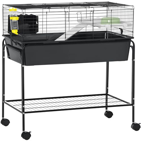PawHut Two-Story Small Animal Cage Removable from Stand, Guinea Pig Cage with Shelf & Wheels, Pet Habitat for Hedgehog, Chinchilla, Ferret, 33 x 18.5 x 35, Black