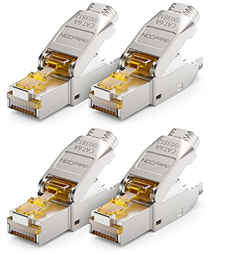 deleyCON 4x CAT 6a Netzwerkstecker RJ45 Werkzeuglos Geschirmt 10 Gbit/s Netzwerk Stecker für Starre Verlegekabel Rohkabel Steckverbinder RJ45 Ethernet LAN DSL Patchkabel