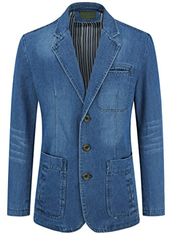 YOUTHUP Traje de Blazer de Denim para Hombre Slim Fit de Negocios 3 Botones Chaqueta de Blazer, Azul Claro, M