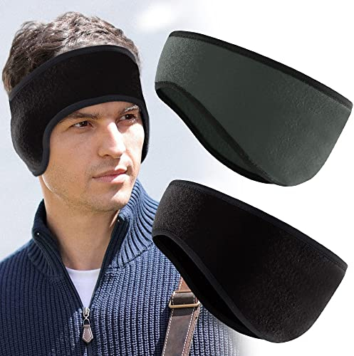 TANCUDER 2 PCS Running Headband Winter Ear Warmers Headband Warm Ear Covers Fleece Stretchy Ear Muff Full Cover Ski Head Bands Sports Headwear Earband for Men Women Hiking Cycling Jogging, Black& Grey
