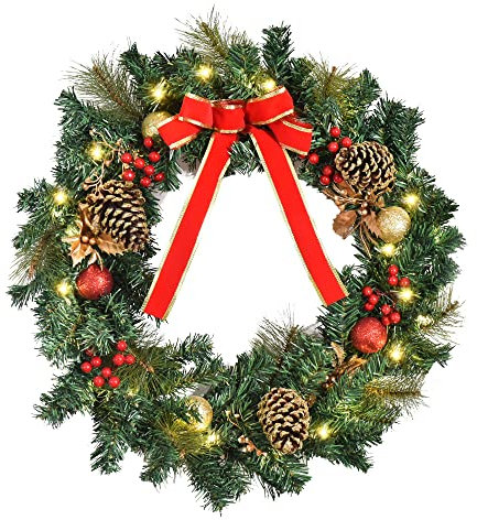 HOMCOM Couronne de Noël Artificielle Lumineuse avec 20 LED de 60 cm - décorée de Houx et de Pommes de pin