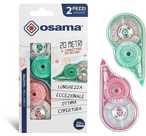 Osama - Correcteur Blanc à Ruban, 20 M, Kit 2 Pièces, Idéal comme Accessoire Bureau, Papeterie et Fourniture Scolaire - Effaceur pour Écrire sans Erreur avec Couverture Optimale Blanche, Longue Durée
