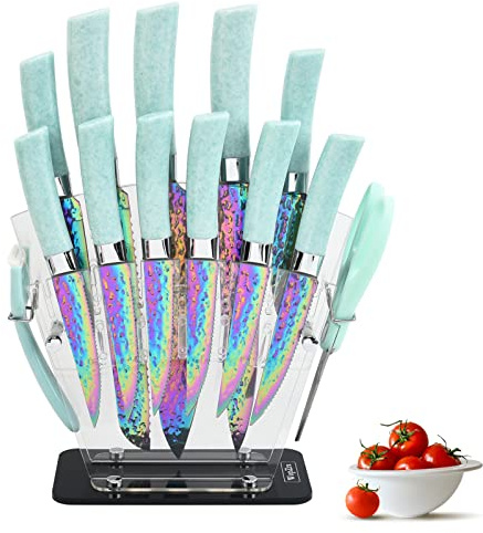 WopZra Rainbow Knife Set, Kitchen Knives Set with Acrylic Block, Thick Blade Cutlery Knife Block Set, Chef Sharp Quality for Home & Pro Use, Best Gift (Teal Handle)