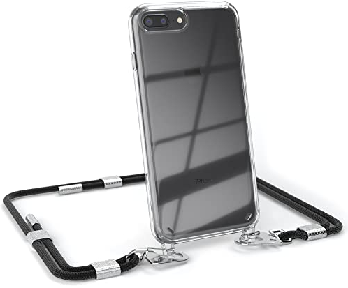 EAZY CASE - kombinierbare Handyketten kompatibel mit iPhone 7 Plus / 8 Plus, Transparente Silikon-Hülle mit stylischen rundem Umhängeband, Abnehmbarer Karabiner, Umhängetasche, Schwarz - Clips Silber