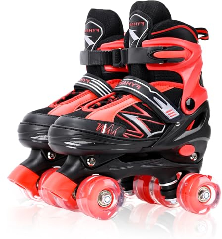 LOKJIJI Rollschuhe für Kinder Jungen Mädchen Anfänger, Einstellbar 4 Größen für Kinder und Jugendliche Teenager, Quad Schwarz & Rot Rollschuhe für Sport (Small_28-32 EU)