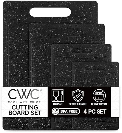 COOK WITH COLOR Non-Slip Cutting Board Set – Kitchen Essentials with Easy Grip Handle for Meat, Veggies, and Fruits, 4 Cutting Boards, Black