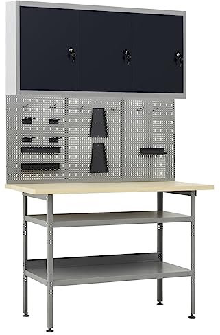 KATERYY Banco da Lavoro con 3 Pannelli a Parete e 1 Armadietto,Tavolo da Lavoro e Pannelli portautensili con armadietto a Muro: Soluzione di stoccaggio Pratica e Versatile per officine e Garage