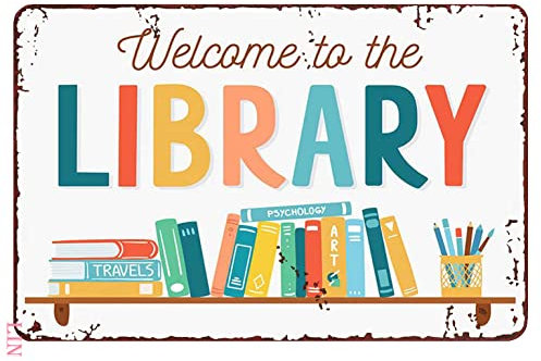 Cartello di benvenuto per porta d'ingresso, veranda, in piedi, biblioteca, tela, benvenuto alla biblioteca, amante dei libri, cartelli in metallo, decorazione vintage per la stanza, arte murale este