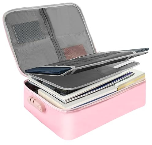 Fireproof Document Box, Waterproof and Fireproof Document Storage Bag, Portable Home Fire Safe Storage Box Case with Lock for Documents, Deed and Birth Certificate, Pink