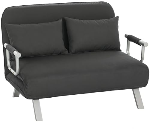 HOMCOM 2 Seater Sofa Bed, Click Clack Convertible Bed Settee, Modern Faux Suede Upholstered Sofa with 2 Pillows for Living Room, Guest Room, Charcoal Grey