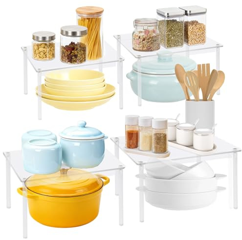 bssmmai 4 unidades de estantería para armario de cocina, organizador de cocina transparente, estante de armario, estante apilable para especias de pie, estante para tazas, estante de mesa para