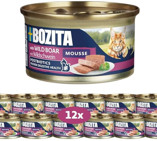 Bozita Mousse vildsvin – 12 x 85 g våtfoder för katter i fin moussetextur med vildsvin – kornfritt recept, utan tillsats av socker och färgämnen – med postbiotika stöder tarmfloran