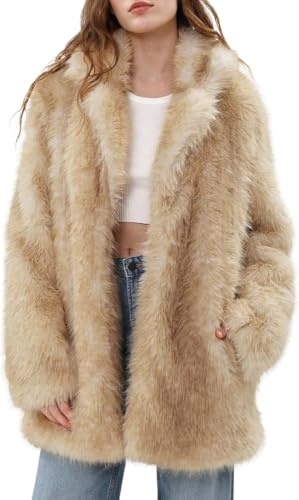 Amazhiyu Women's Faux Fur Coat-Winter Long Open Front Jackets with Pockets Apricot M