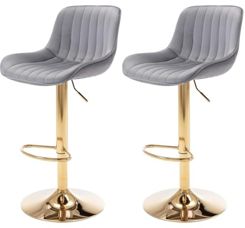 Juego de 2 Taburete de Bar de Terciopelo Taburetes Altos de Cocina Gris | Regulables en Altura 60-82cm Giratorio en 360° con Respaldo y Reposapiés Base Dorada Sillas de Bar